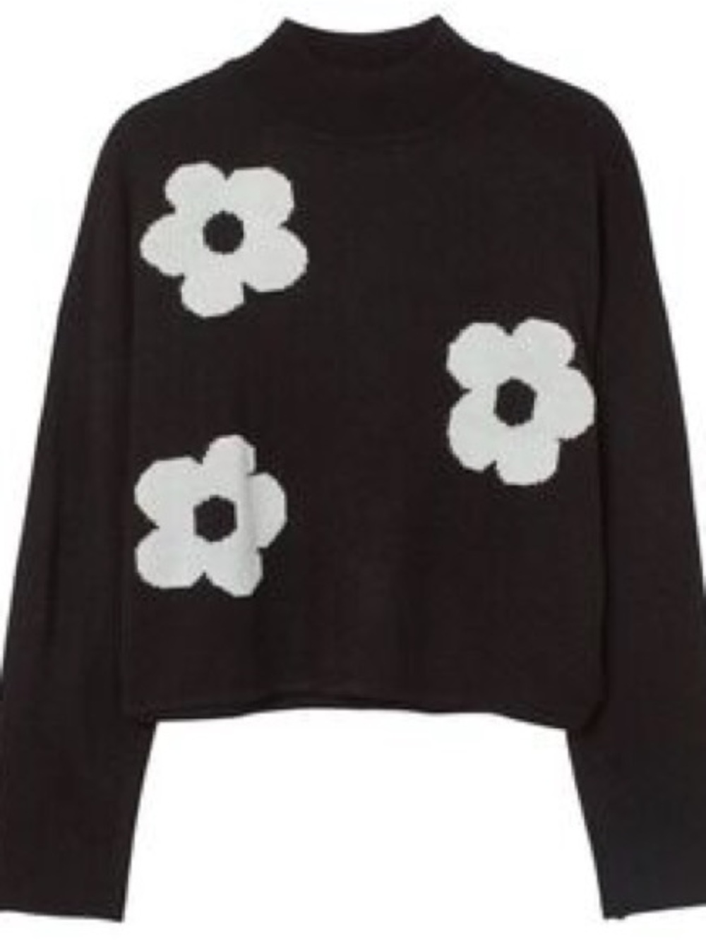 Black & White Cropped Mock Neck Oversized Floral Sweater